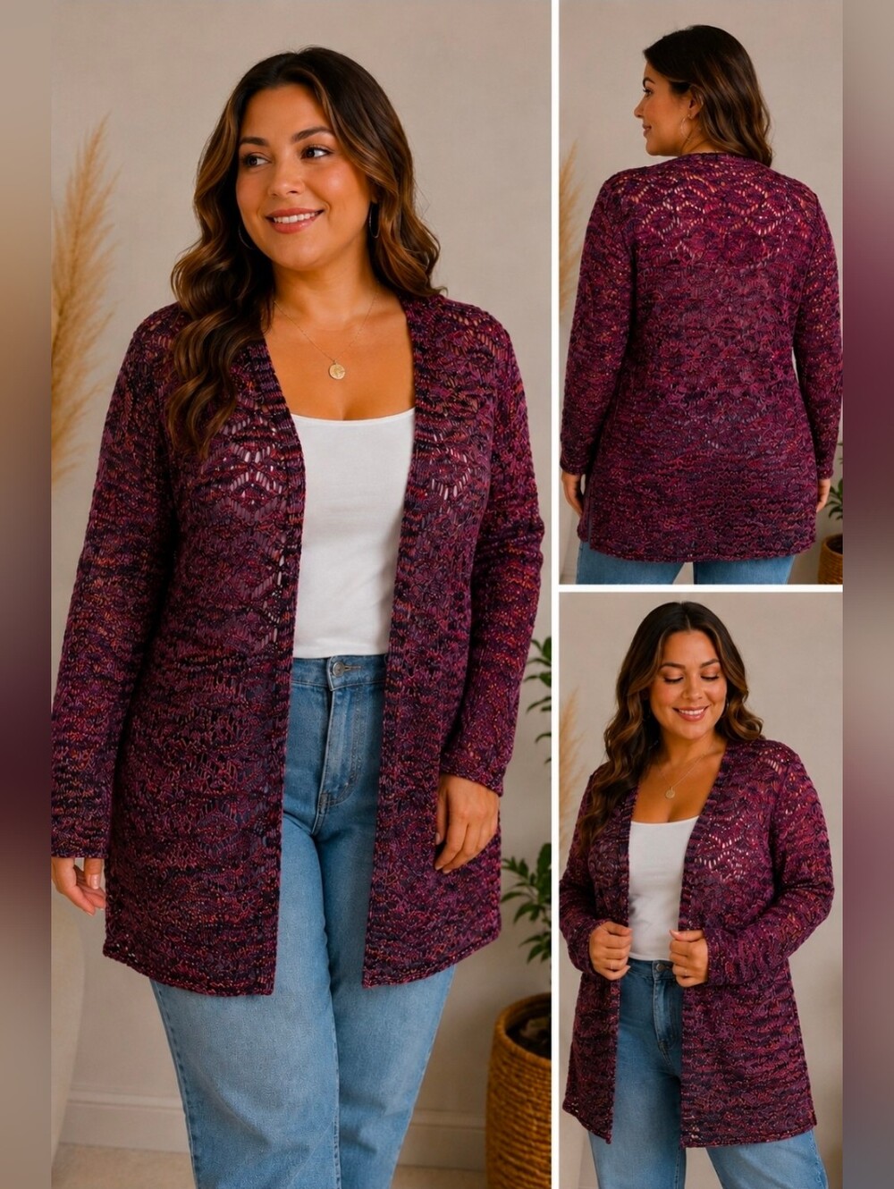 Passports Boho Open Knit Cardigan Sweater XL | Super Soft Purple Marled Duster